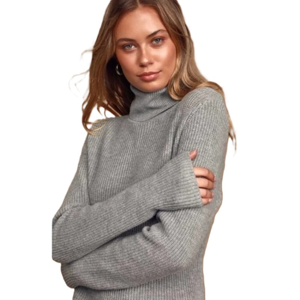 Lulus Sheerah Turtleneck Knit Sweater Dress Long Sleeve Gray - Picture 2 of 12